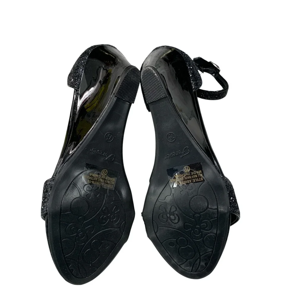 Forever Ashlyn-18 Black Glitter Wedge Sandals Ankle‎ Strap Heels 7.5 New